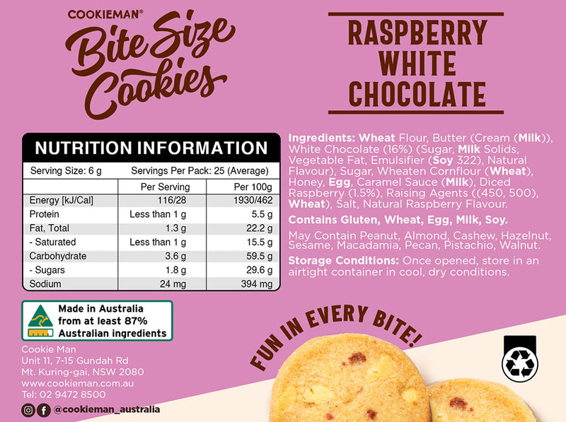 Raspberry White Chocolate Cookies Box 150g - Bite Size Biscuits