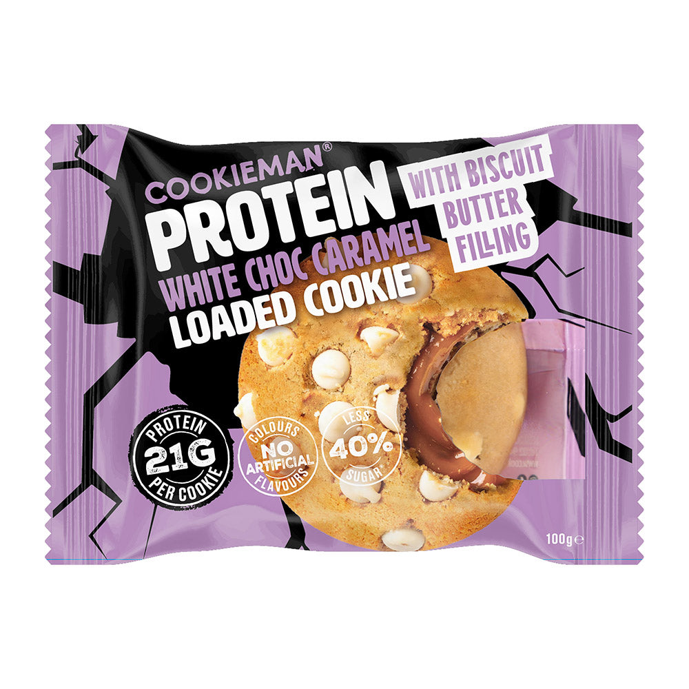 White Choc Caramel Loaded with Biscuit Butter 100g x 10 - Protein Cookies