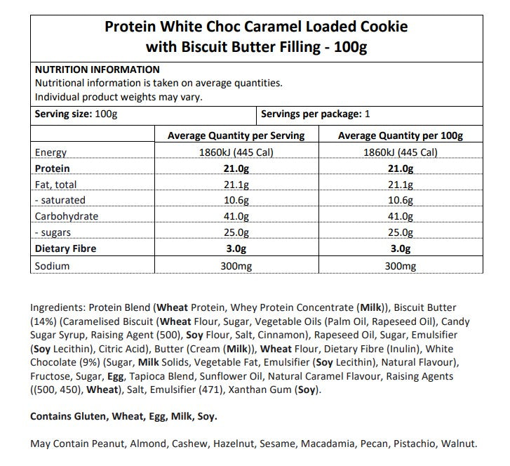 White Choc Caramel Loaded with Biscuit Butter 100g x 10 - Protein Cookies