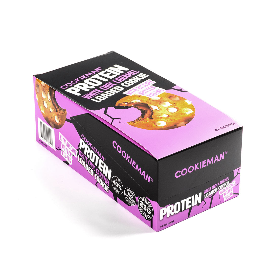White Choc Caramel Loaded with Biscuit Butter 100g x 10 - Protein Cookies